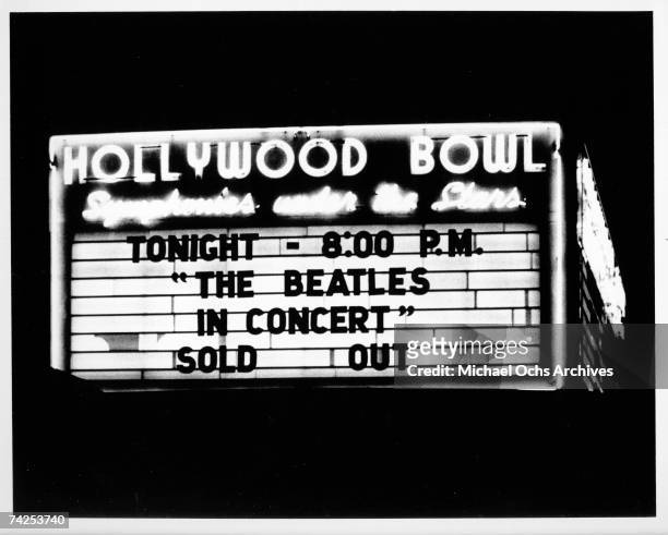 Marquee of the Hollywood Bowl when the rock and roll band "The Beatles" performed there on August 23, 1964 in Los Angeles, California.