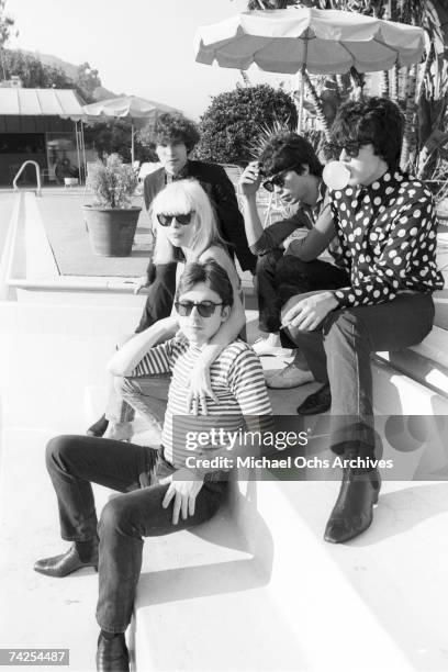 Chris Stein , Jimmy Destri , Debbie Harry , Gary Valentine and Clem Burke of the rock and roll band "Blondie" pose for a portrait session at the Bel...