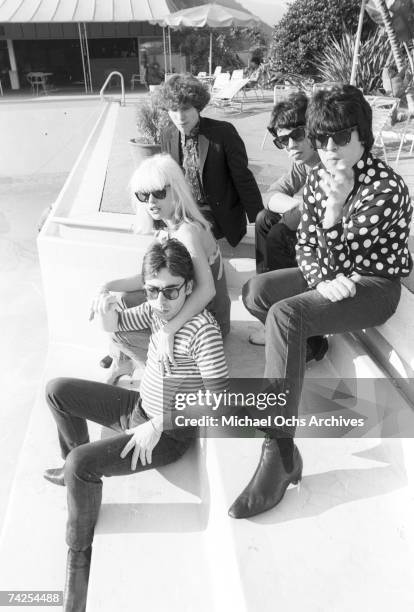 Chris Stein , Jimmy Destri , Debbie Harry , Gary Valentine and Clem Burke of the rock and roll band "Blondie" pose for a portrait session at the Bel...