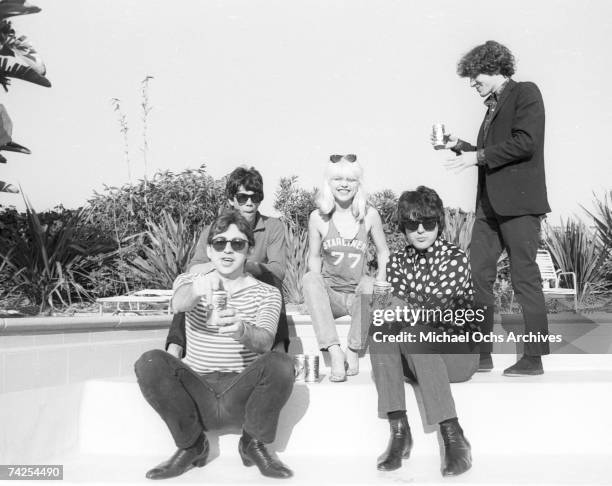 Chris Stein , Jimmy Destri , Debbie Harry , Gary Valentine and Clem Burke of the rock and roll band "Blondie" pose for a portrait session at the Bel...