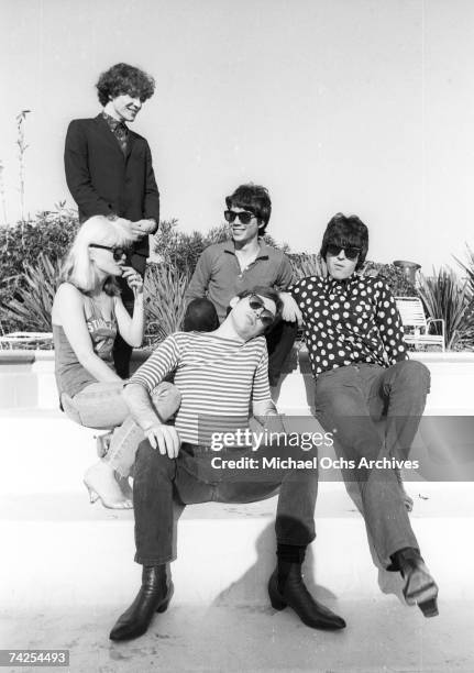 Chris Stein , Jimmy Destri , Debbie Harry , Gary Valentine and Clem Burke of the rock and roll band "Blondie" pose for a portrait session at the Bel...