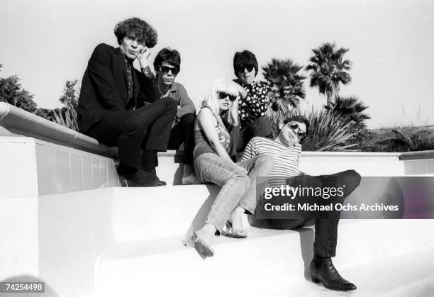 Chris Stein , Jimmy Destri , Debbie Harry , Gary Valentine and Clem Burke of the rock and roll band "Blondie" pose for a portrait session at the Bel...