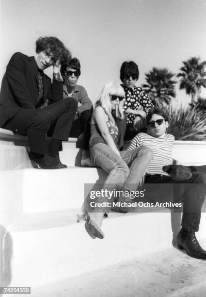 Chris Stein , Jimmy Destri , Debbie Harry , Gary Valentine and Clem Burke of the rock and roll band "Blondie" pose for a portrait session at the Bel...