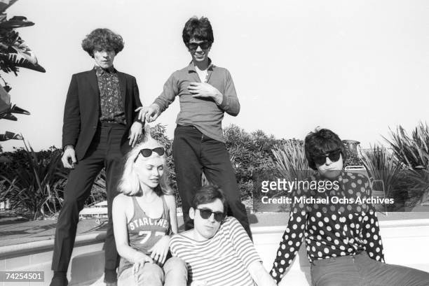 Chris Stein , Jimmy Destri , Debbie Harry , Gary Valentine and Clem Burke of the rock and roll band "Blondie" pose for a portrait session at the Bel...