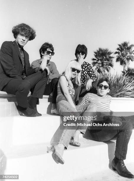 Chris Stein , Jimmy Destri , Debbie Harry , Gary Valentine and Clem Burke of the rock and roll band "Blondie" pose for a portrait session at the Bel...