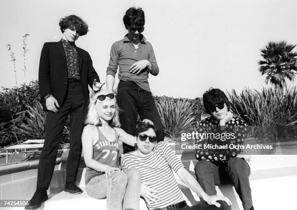 Chris Stein , Jimmy Destri , Debbie Harry , Gary Valentine and Clem Burke of the rock and roll band "Blondie" pose for a portrait session at the Bel...