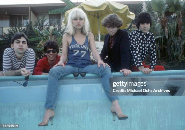 Chris Stein , Jimmy Destri , Debbie Harry , Gary Valentine and Clem Burke of the rock and roll band "Blondie" pose for a portrait session at the Bel...