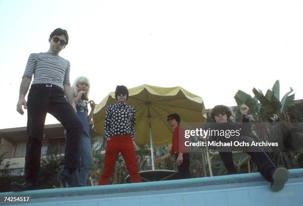 Chris Stein , Jimmy Destri , Debbie Harry , Gary Valentine and Clem Burke of the rock and roll band "Blondie" pose for a portrait session at the Bel...