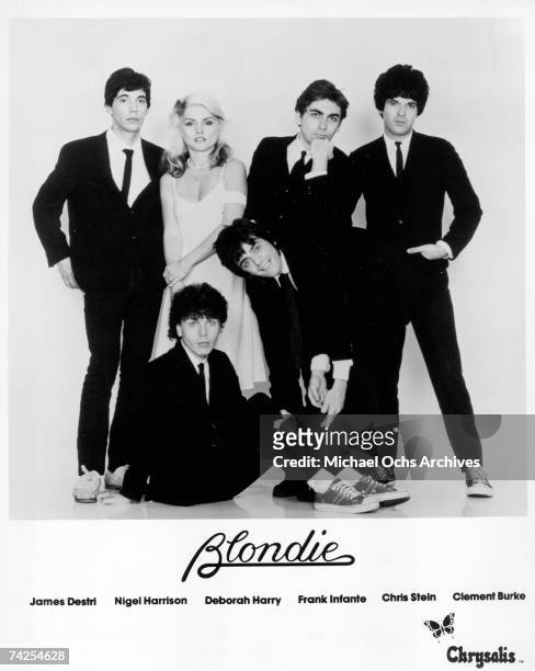 Jimmy Destri, Nigel Harrison, Debbie Harry, Frank Infante, Chris Stein and Clem Burke of the New Wave pop group Blondie pose for a portrait in circa...