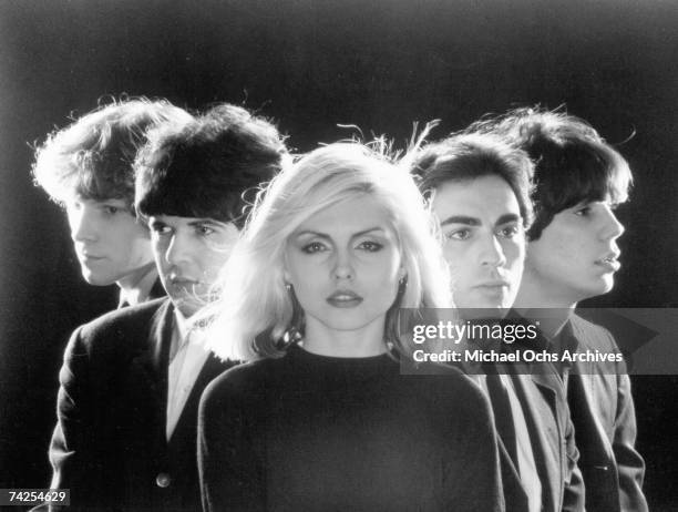 American rock group Blondie pose for portrait to promote their debut album 'Blondie' in 1976