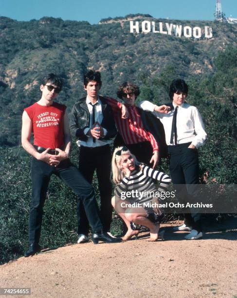Rock group Blondie including Chris Stein, Clem Burke, James Destri and Nigel Harrison with Debbie Harry pose for a portrait in March 1977 on a hill...