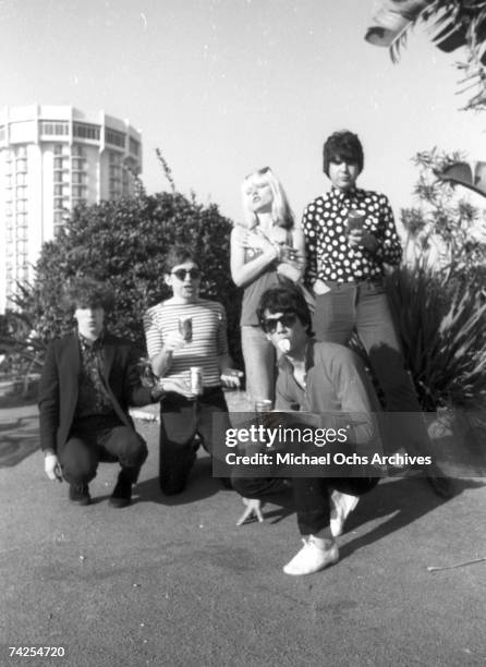 Chris Stein , Jimmy Destri , Debbie Harry , Gary Valentine and Clem Burke of the rock and roll band "Blondie" pose for a portrait session at the Bel...