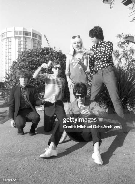 Chris Stein , Jimmy Destri , Debbie Harry , Gary Valentine and Clem Burke of the rock and roll band "Blondie" pose for a portrait session at the Bel...