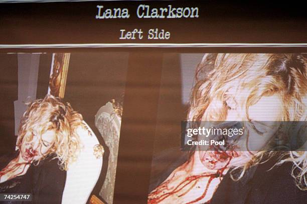 Evidence photos showing the body of actress Lana Clarkson are projected inside the courtroom during the murder trial of music producer Phil Spector...