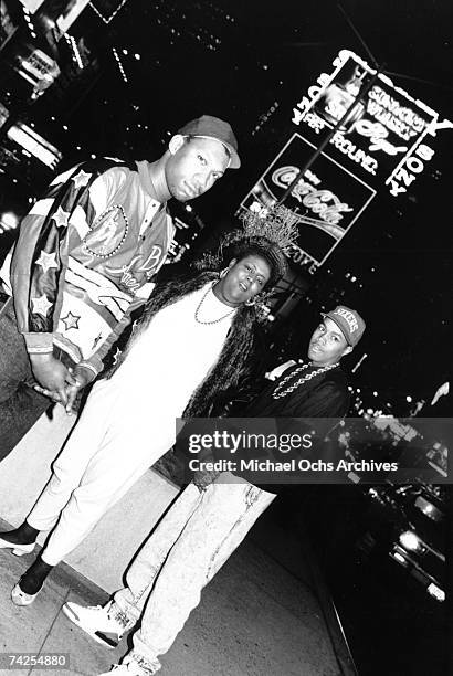 One and D-Nice pose with other members of Boogie Down Productions in Times Square in circa 1988 in New York, New York.