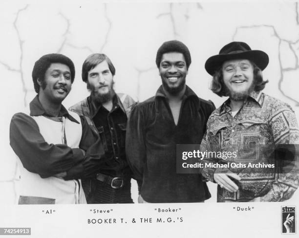 Al Jackson, Steve Cropper Booker T. Jones, and Donald 'Duck' Dunn of the R&B band Booker T. & The M.G.'s pose for a portrait in circa 1968.