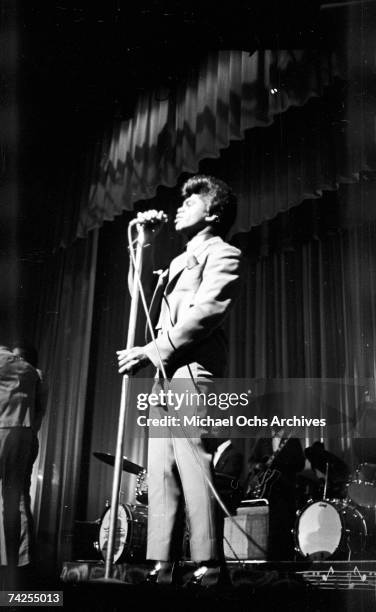 Soul singer James Brown performs onstage with Johnny Terry, Bobby Byrd and Bobby Bennett of the Famous Flames at the Apollo Theatre in New York, New...