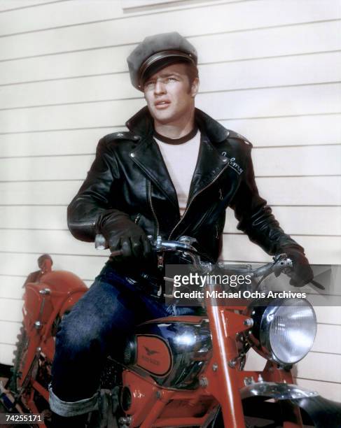 Actor Marlon Brando rides a Triumph motorcycle in a scene from the movie "The Wild One" which came out in 1953.