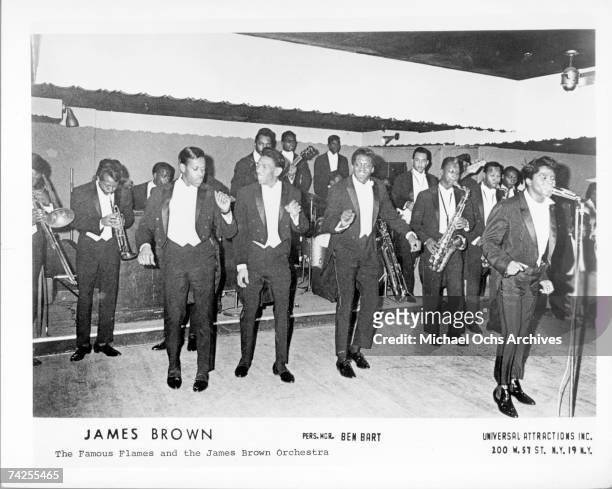 The Famous Flames, Bobby Bennett, Bobby Byrd, and Eugene Lloyd Stallworth and "Godfather of Soul" James Brown perform with the James Brown Orchestra...