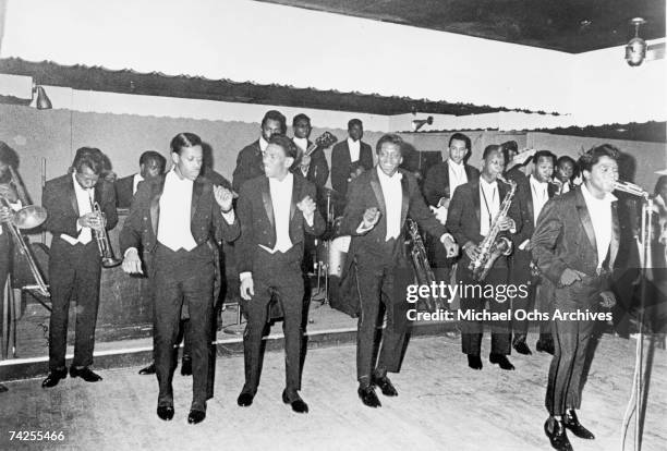 The Famous Flames, Bobby Bennett, Bobby Byrd, and Eugene Lloyd Stallworth and "Godfather of Soul" James Brown perform with the James Brown Orchestra...