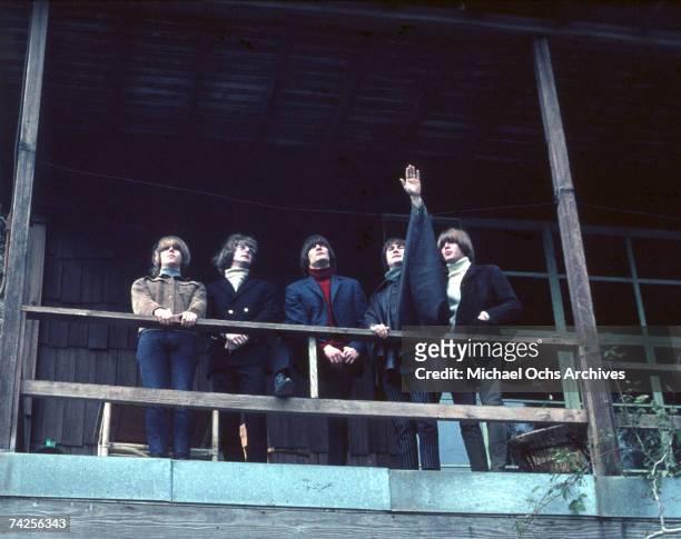 Folk rock group The Byrds Chris Hillman, Jim McGuinn, Gene Clark, David Crosby and Michael Clarke pose for a portrait circa 1965.