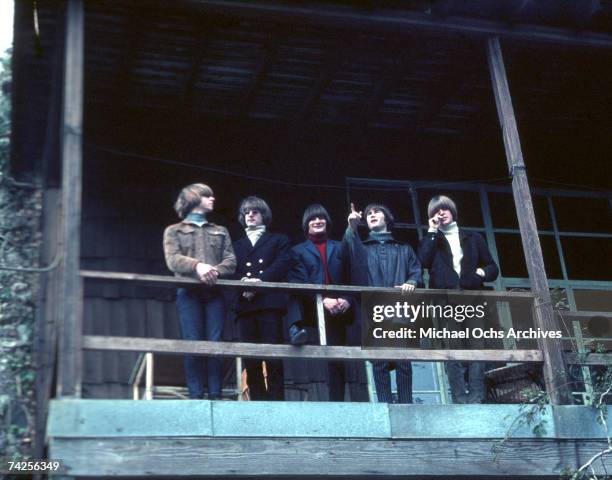 Folk rock group The Byrds Chris Hillman, Jim McGuinn, Gene Clark, David Crosby and Michael Clarke pose for a portrait circa 1965.