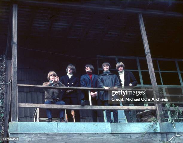 Folk rock group The Byrds Chris Hillman, Jim McGuinn, Gene Clark, David Crosby and Michael Clarke pose for a portrait circa 1965.