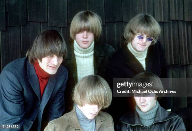 Folk rock group The Byrds Michael Clarke, Jim McGuinn, David Crosby, Chris Hillman and Gene Clark pose for a portrait circa 1965.