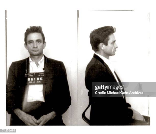 Country singer/songwriter Johnny Cash poses for a mug shot after U.S. Customs agents found hundreds of pep pills & tranquilizers in his luggage as he...