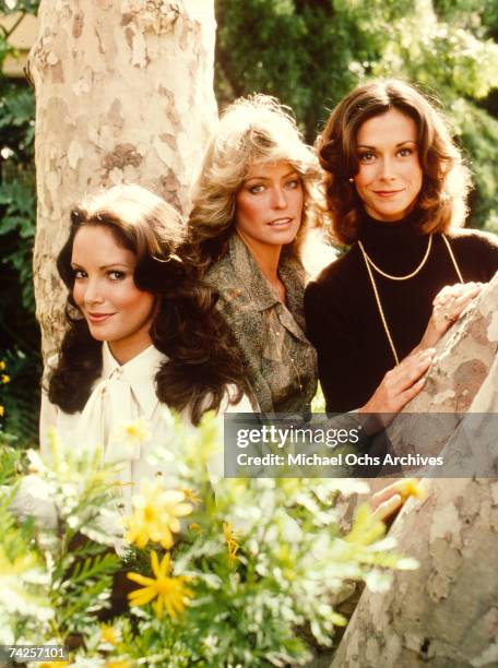 Jaclyn Smith, Farrah Fawcett and Kate Jackson pose for a portrait on the set of Charlie's Angels circa 1977 in Los Angeles, California.