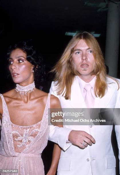 Celebrity couple Cher and her husband Gregg Allman attend an event in circa 1977.