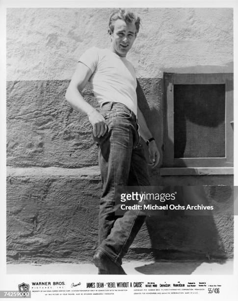 Actor James Dean poses for a Warner Bros publicity shot for his film "Rebel Without A Cause" in 1955 in Los Angeles, California.