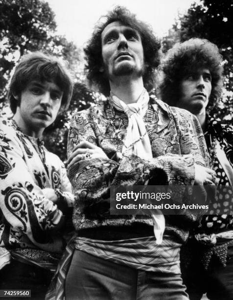 British Rock Group Cream pose for a portrait in 1968. Left to right: bassist Jack Bruce , drummer Ginger Baker and guitarist Eric Clapton.