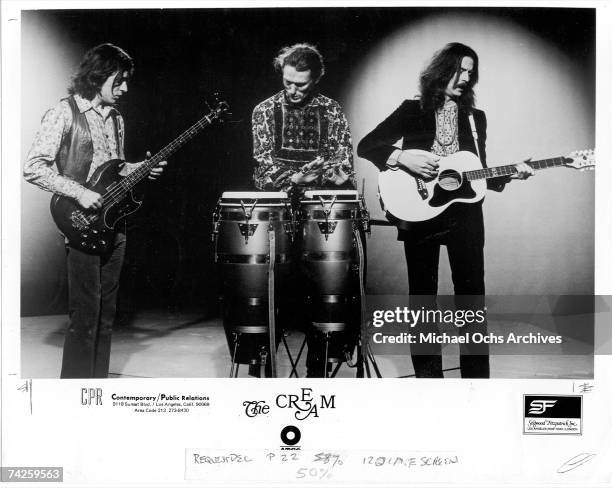 British Rock Group "Cream" poses for a portrait with their instruments in 1968. L-R: Jack Bruce, Ginger Baker, Eric Clapton.