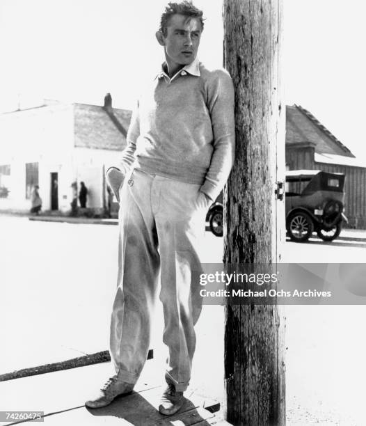 Actor James Dean poses for a Warner Bros publicity shot for his film 'East Of Eden' in 1954 in Mendocino, California.