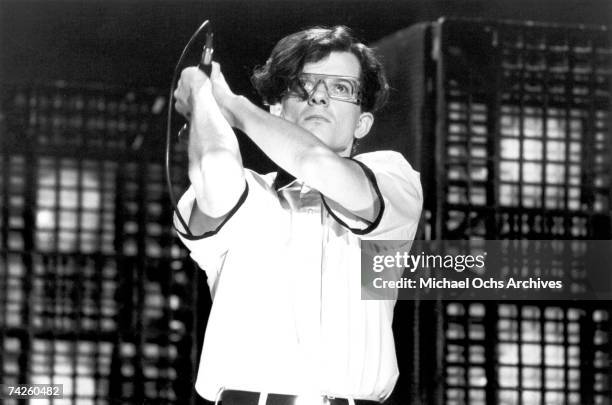 Mark Mothersbaugh of the new wave punk music group "Devo" performs onstage in circa 1979 in Los Angeles, California.