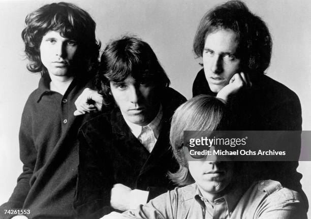 American rock group The Doors L-R Jim Morrison, John Densmore, Ray Manzarek and Robby Krieger pose for an Electra Records publicity still circa 1967.