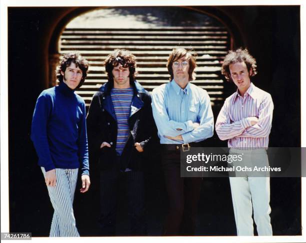 American rock group The Doors L-R John Densmore, Jim Morrison, Ray Manzarek and Robby Krieger pose for an Electra Records publicity still circa 1969.