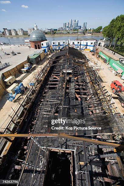 The fire-damaged decks of the Cutty Sark sits in Greenwich on May 23, 2007 in London, England. The Cutty Sark is the world's last remaining Tea...