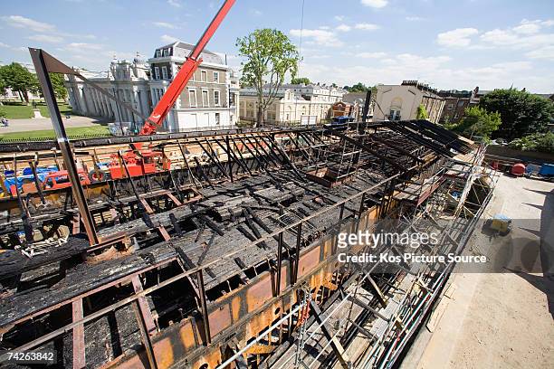 The fire-damaged decks of the Cutty Sark sits in Greenwich on May 23, 2007 in London, England. The Cutty Sark is the world's last remaining Tea...