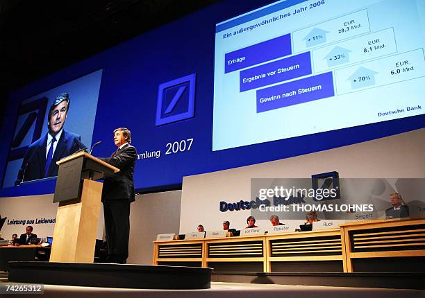 Josef Ackermann, CEO of the German bank Deutsche Bank, addresses the company's annual general meeting in the "Festhalle" in Frankfurt/M. Western...