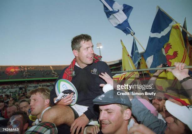Scotland captain Gavin Hastings is chaired off the pitch after his final international in Pretoria, during the Rugby World Cup, 11th June 1995. New...