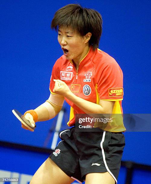 Guo Yue of China reacts during her match against Wu Jiduo of Germany during their match at the World Table Tennis Championships in Zagreb, 24 May...