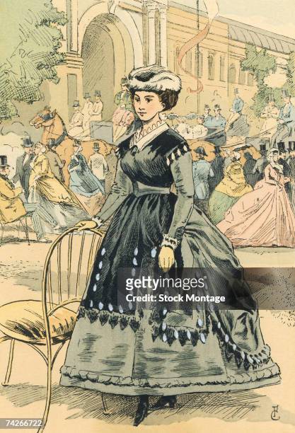 Fashion plate by French artist Francois Courboin entitled '"In Front of the Palais de l'Industrie; Coming back from the Races,' Paris, France, 1866.