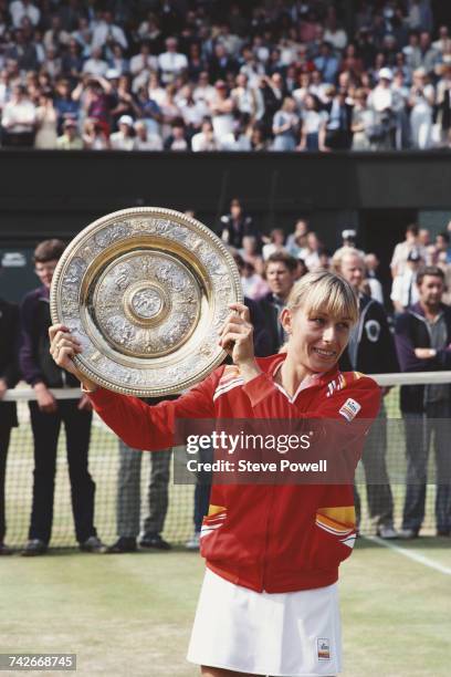 Martina Navratilova of the United States holds the Venus Rosewater Dish after defeating Chris Evert-Lloyd in their Women's Singles Final match at the...