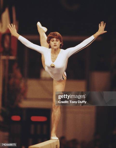 Nadia Comaneci of Romania performs during the Women's Balance Beam event on 25 October 1978 during the World Artistic Gymnastics Championships at the...