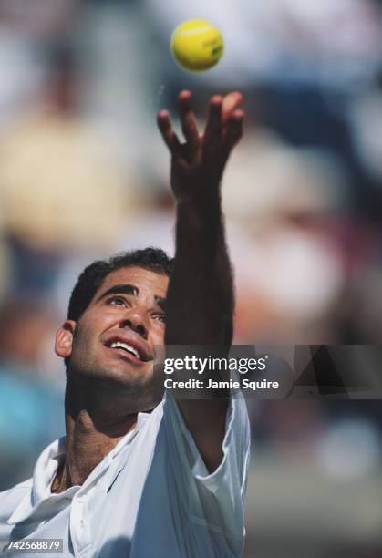 Pete Sampras of the United States serves to Mikhail Youzhny during their Men's Singles third round match at the US Open Tennis Championship on 1...