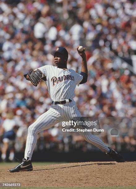 Pedro Martinez, pitcher for the San Diego Padres throws a pitch during the Major League Baseball National League West game against the Cincinnati...