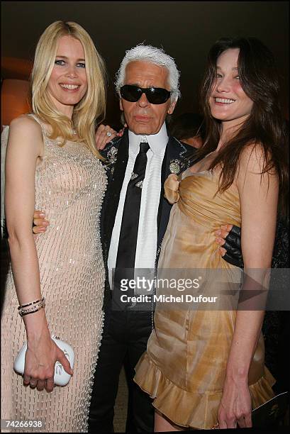 Claudia Schiffer, Karl Lagerfeld and Carla Bruni attend a dinner sponsored by magazine Madame Figaro, to celebrate the Sixtieth Anniversary of the...