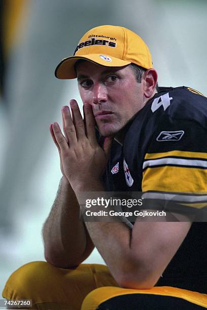 Punter Josh Miller of the Pittsburgh Steelers on the sideline during a preseason game against the Buffalo Bills at Heinz Field on August 31, 2001 in...